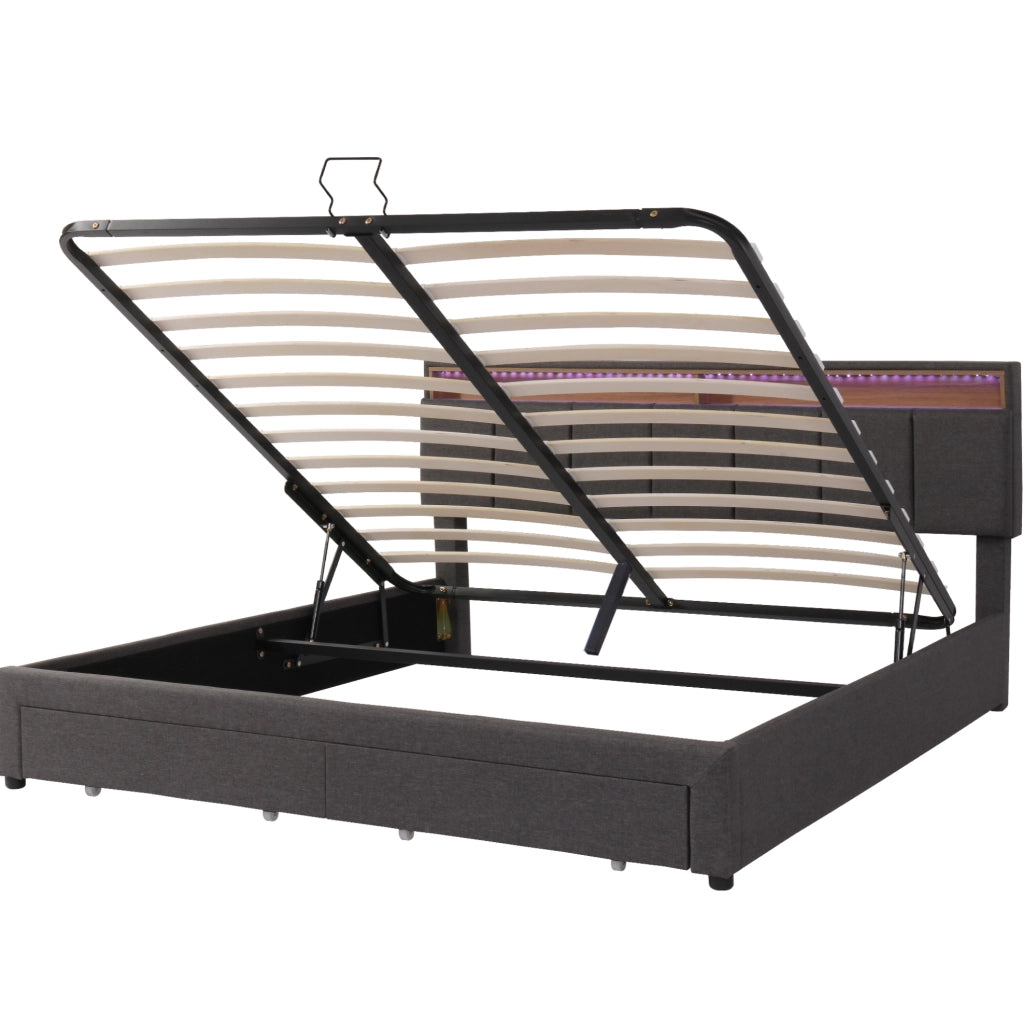 Letto imbottito 160x200 cm con LED; rete a doghe; vano contenitore; lino grigio scuro