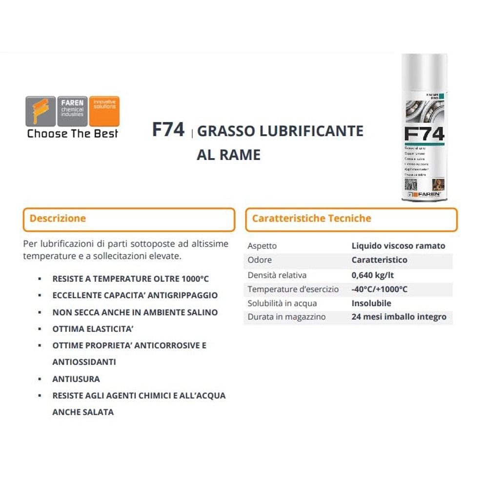 GRASSO LUBRIFICANTE E ANTIGRIPPANTE AL RAME F74 SPRAY 400ml RESISTE A 1000°FAREN