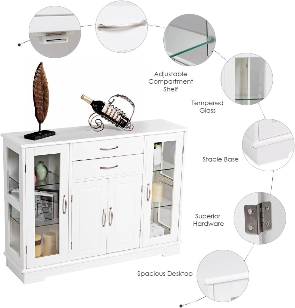 Credenza e Buffet a Ripiani, con 4 Ante e 2 Cassetti, Mensole Regolabili, Armadietto Laterale per Soggiorno, Sala da Pranzo, Cucina, 107 x 30 x 82 cm, Bianco