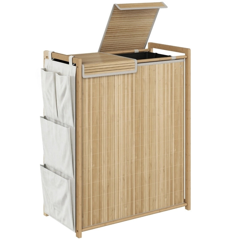 Cesto portabiancheria 63x33x78 cm con coperchio; 2 sacchi e tasche laterali in bambù naturale
