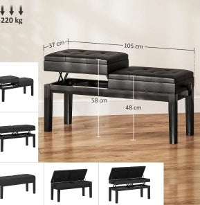 Sgabello da Piano con Contenitore 105x37x48-58 cm， Similpelle Nera