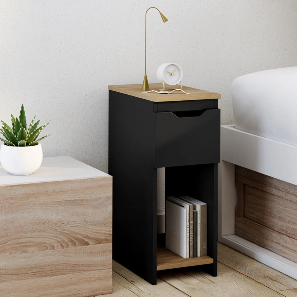 IDMarket - Set di 2 comodini stretti a 1 cassetto ANOUK con nicchia nera e legno