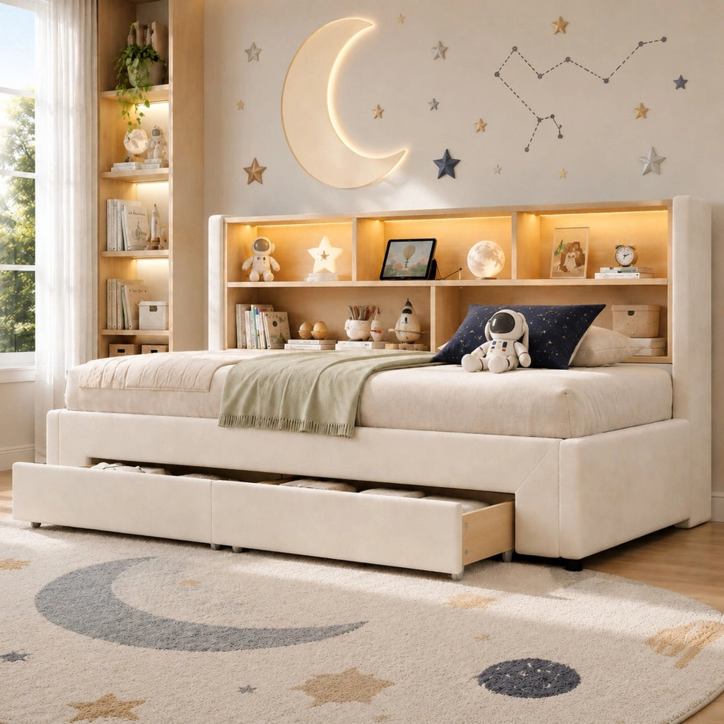 Daybed estraibile 90x200 cm trasformabile in 180x200 cm; con cassetti; USB; Type-C e LED; velluto beige