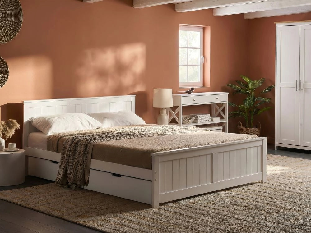 Letto matrimoniale in legno di Pino Bianco con 4 cassetti e testiera 140 x 200 cm stile minimalista