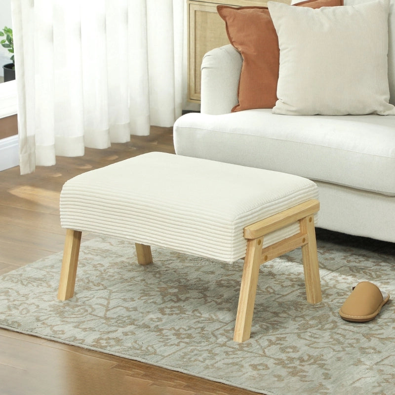 Pouf contenitore imbottito in velluto a coste, seduta in schiuma, gambe in legno di caucciù, crema