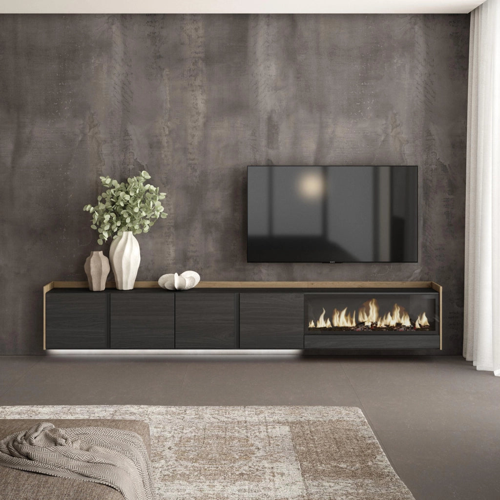 Mobile TV Soggiorno, 315x50x35 cm, Per TV fino a 80", Camino elettrico XXL, Sospeso, da appendere, LED, Nero e rovere