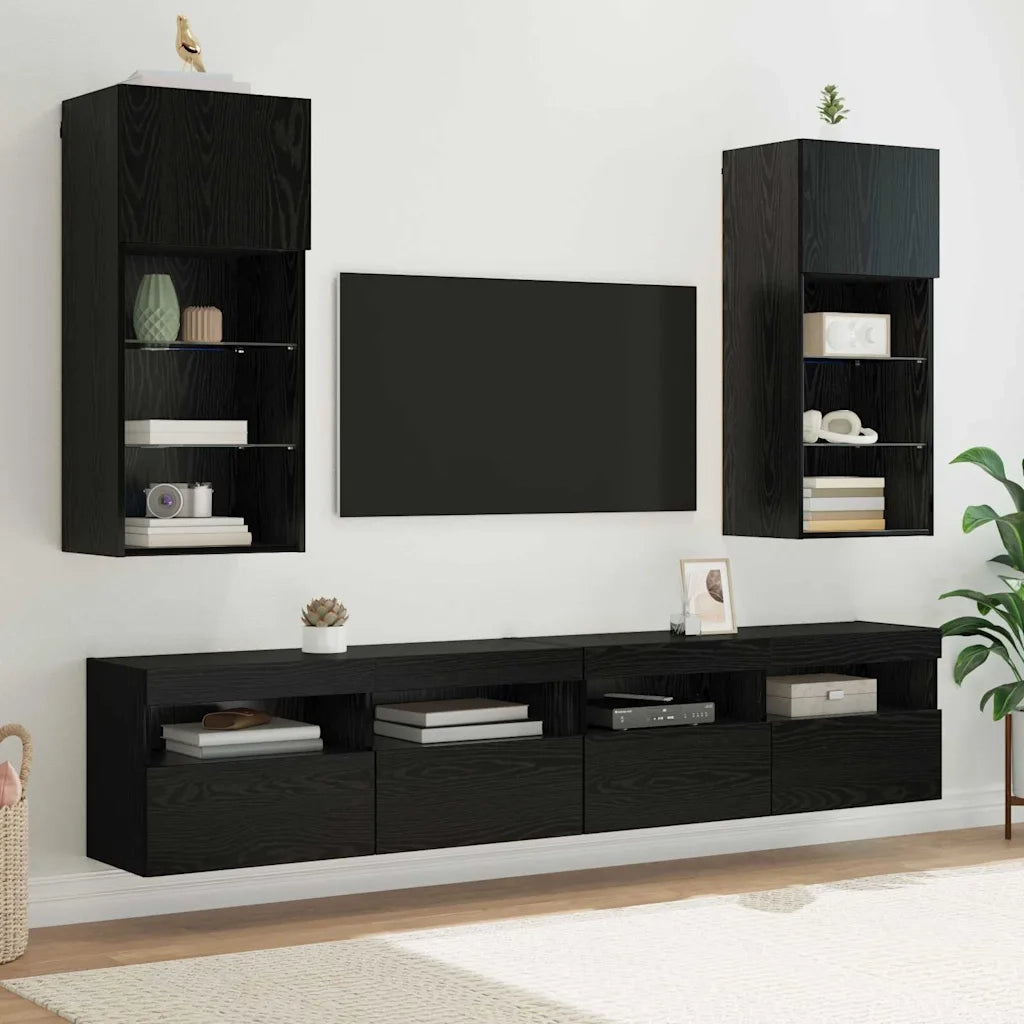 Mobile TV da Parete con LED Rovere Nero 40,5 x 30 x 90 cm