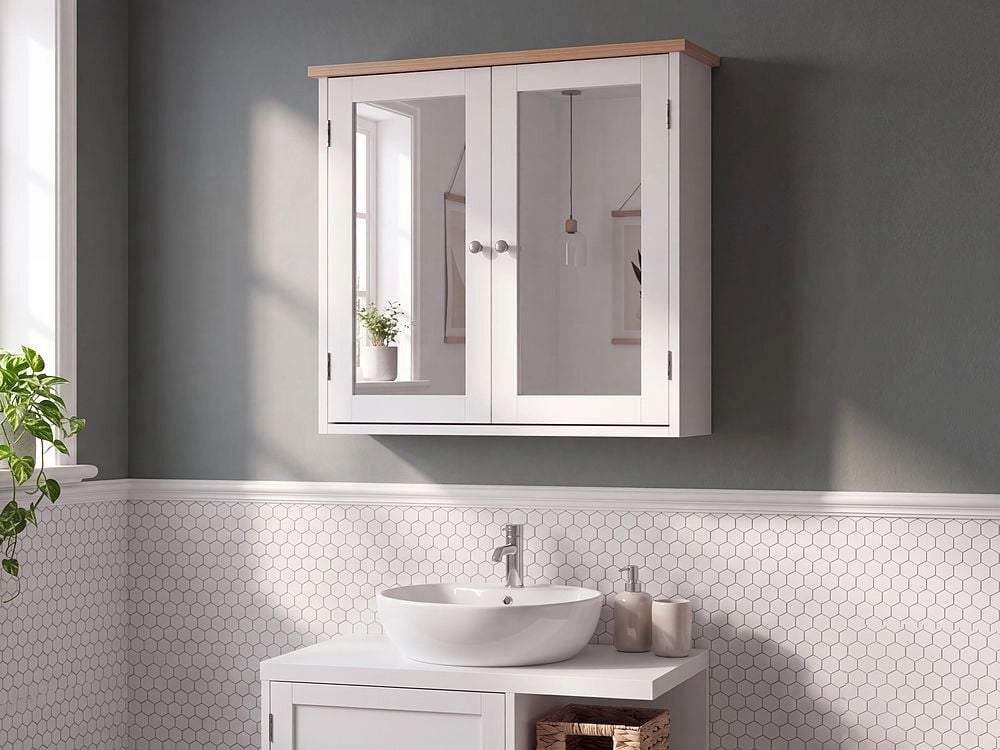 Armadietto a muro con specchio da bagno MDF Bianco 17 x 60 cm stile scandinavo