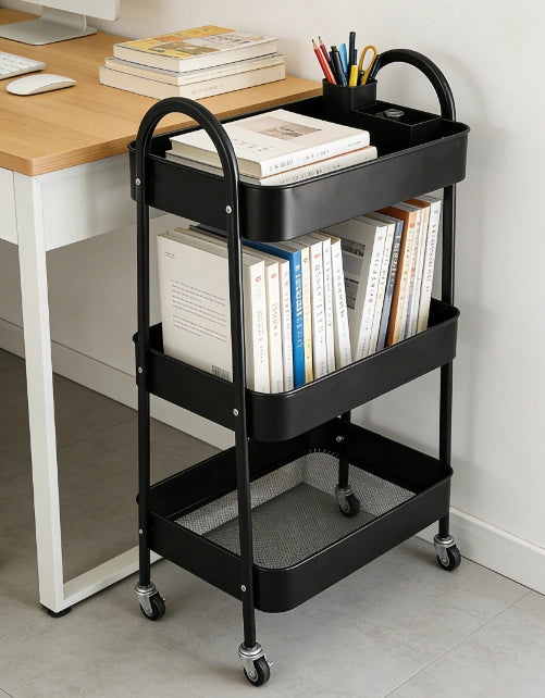 Carrello Multiuso 44,5x30,5x78,5 cm Nero in Acciaio al Carbonio a 3 Ripiani con Ruote 360°