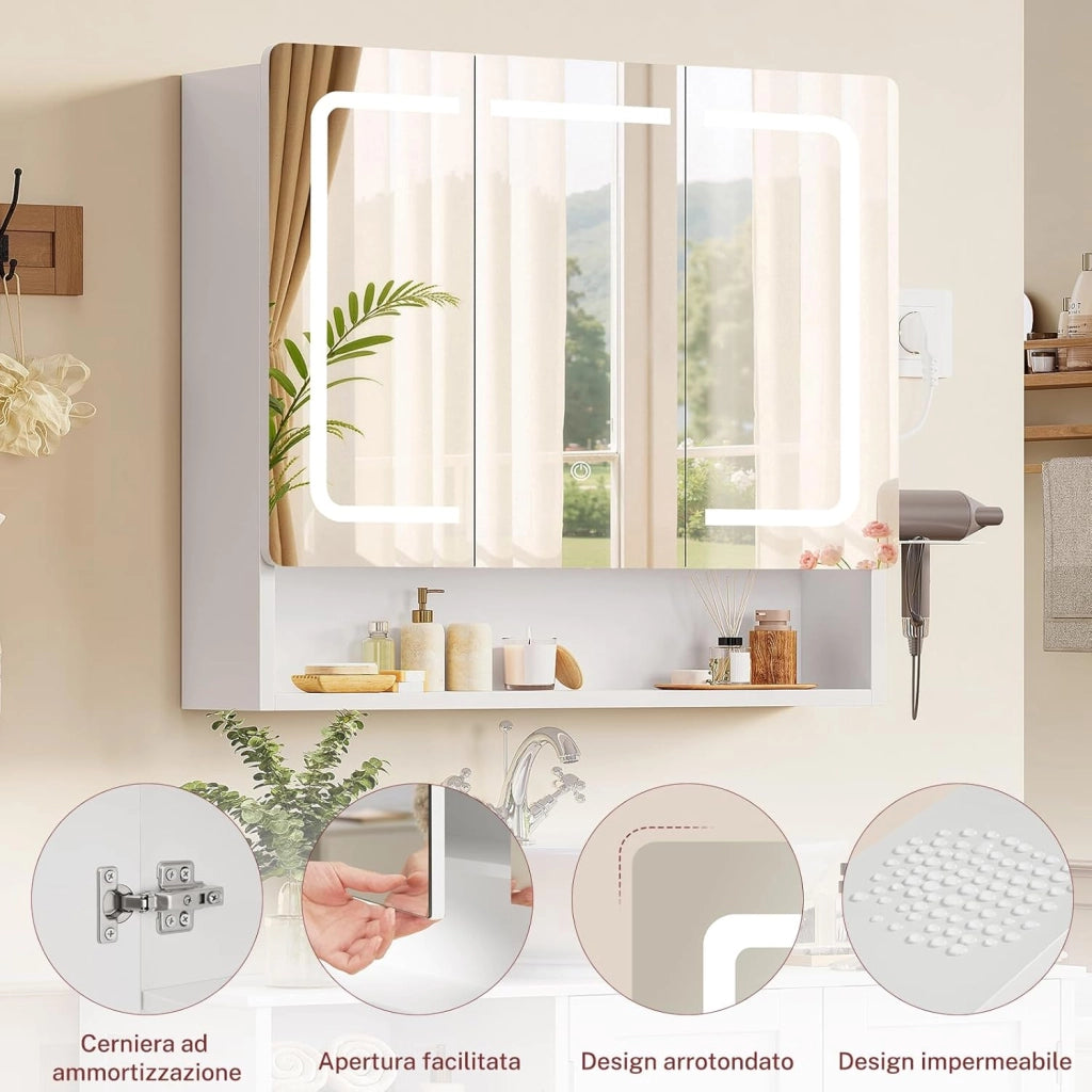 Specchio Bagno Contenitore con Luce LED e Presa Elettrica, Mobile Bagno a Specchio con 3 Ante e Gancio Asciugacapelli, 3 Temperature di Luce Dimmerabili a Touch, Ripiani Regolabili, Bianco