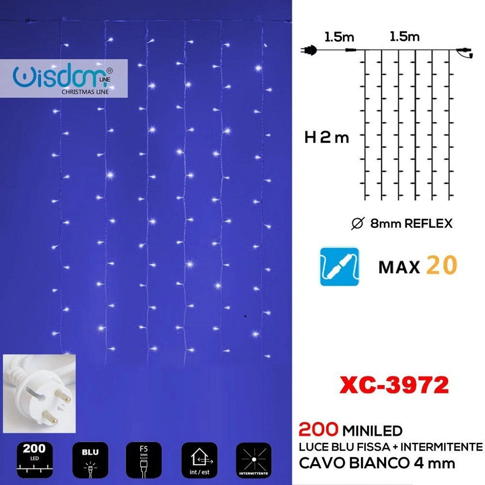 Trade Shop - Tenda Luminosa Natalizia 200 Led Luce Blu Fissa + Bianca Intermittente Xc-3972 -