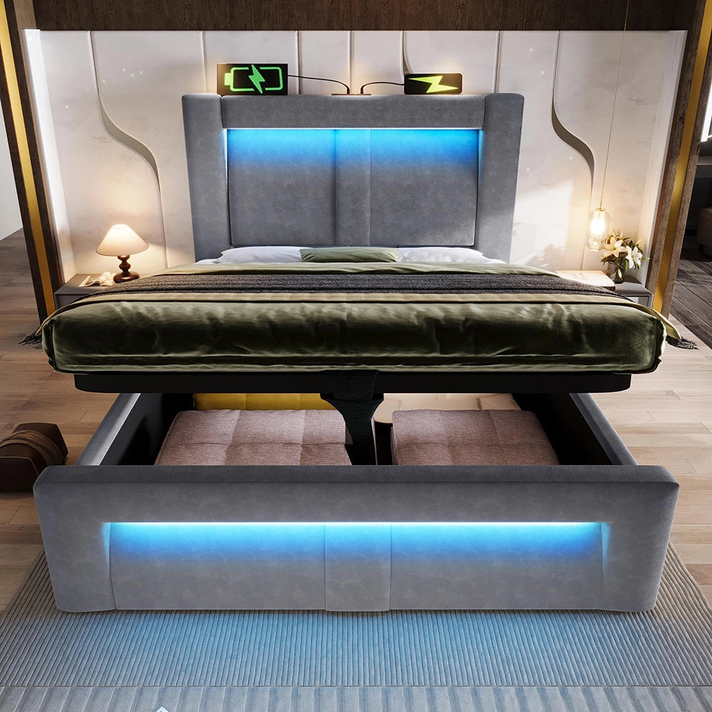 Letto-Xylo-90x200cm idraulico LED USB-C velluto testiera curva grigio con materasso