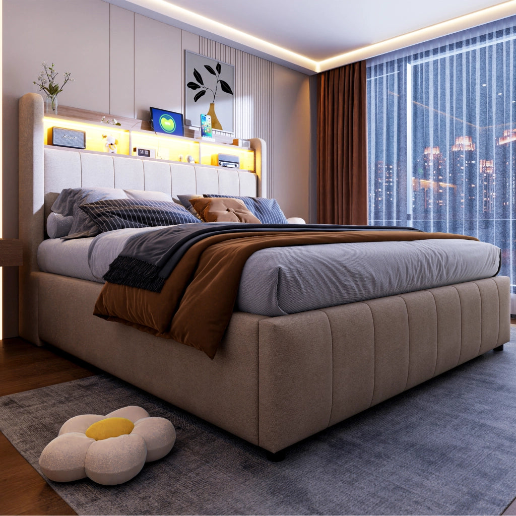 Letti contenitori 140x200 cm; LED e contenitore; lino beige