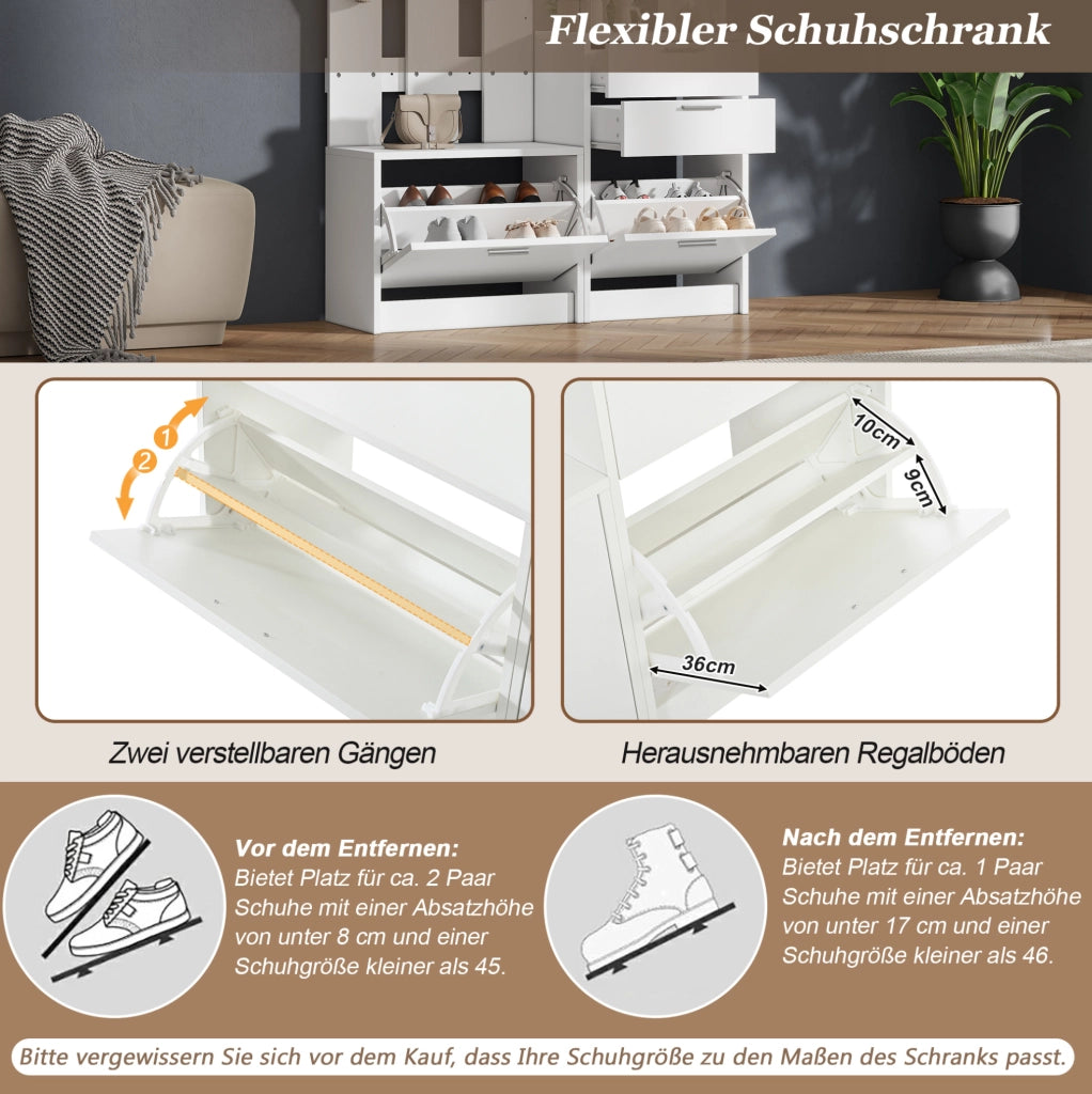 Mobile guardaroba con specchio; 2 cassetti e 2 scarpiere a ribalta in MDF bianco; 110×34×185 cm
