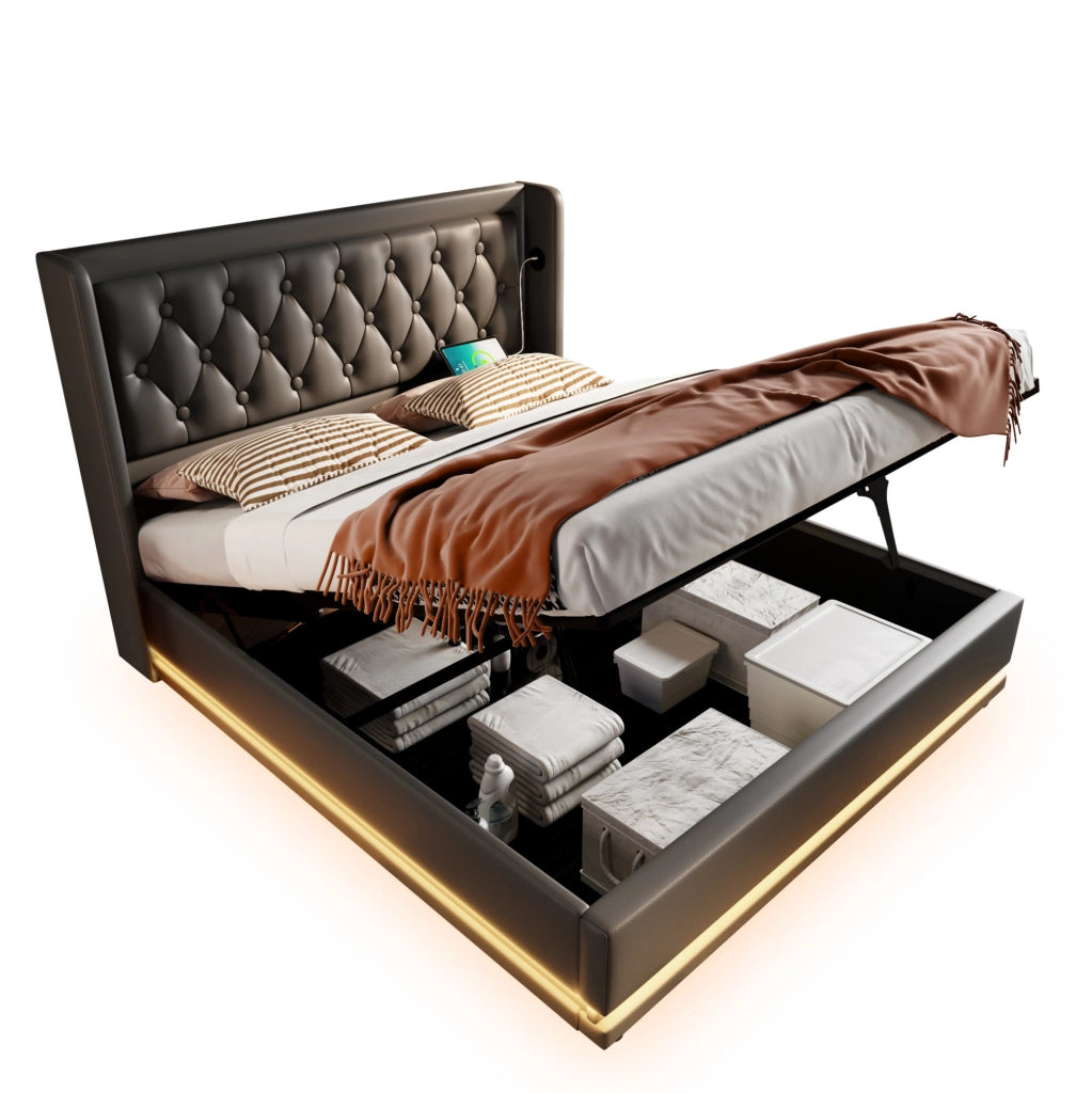 Letto contenitore 180x200 cm in PU nero con LED e porte USB/Type-C