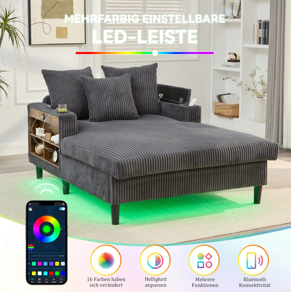Chaise longue in velluto a coste grigio scuro con LED e USB