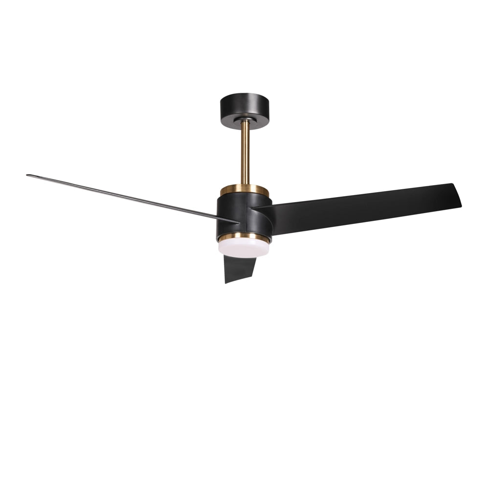 Ventilatore da soffitto a LED con base in metallo nero, pale sintetiche, timer, 3 modalità di temperatura e telecomando