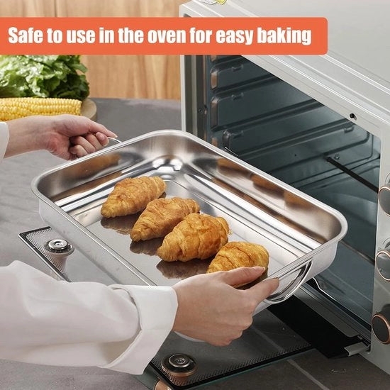 Scatola per forno rettangolare in acciaio inossidabile con maniglie - 25 cm x 18 cm piatto per lasagna