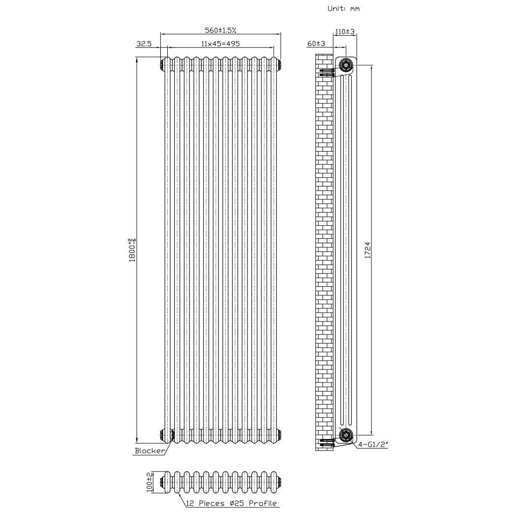 Radiatore 3 Colonne Verticale Metallo Grezzo 1800 x 560 mm TRV