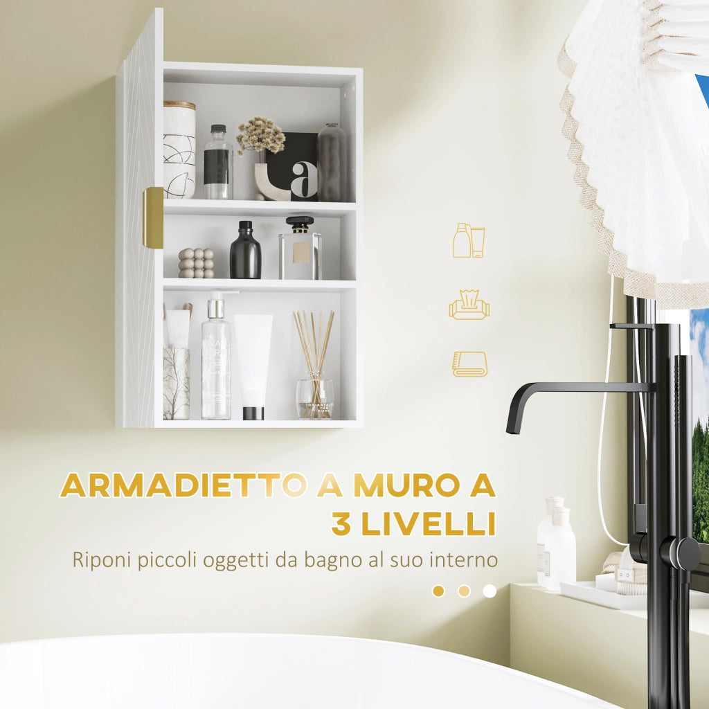 g Armadietto Bagno a Muro con Anta Decorata. Maniglia Dorata e Ripiani Regolabili. 40x15x60 cm. Bianco