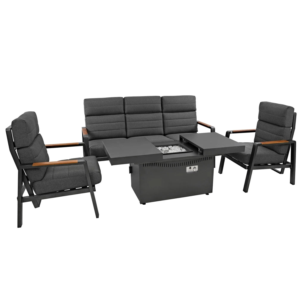 Set Giardino Alluminio 5 Posti Divano Poltrone Reclinabili Tavolo Braciere