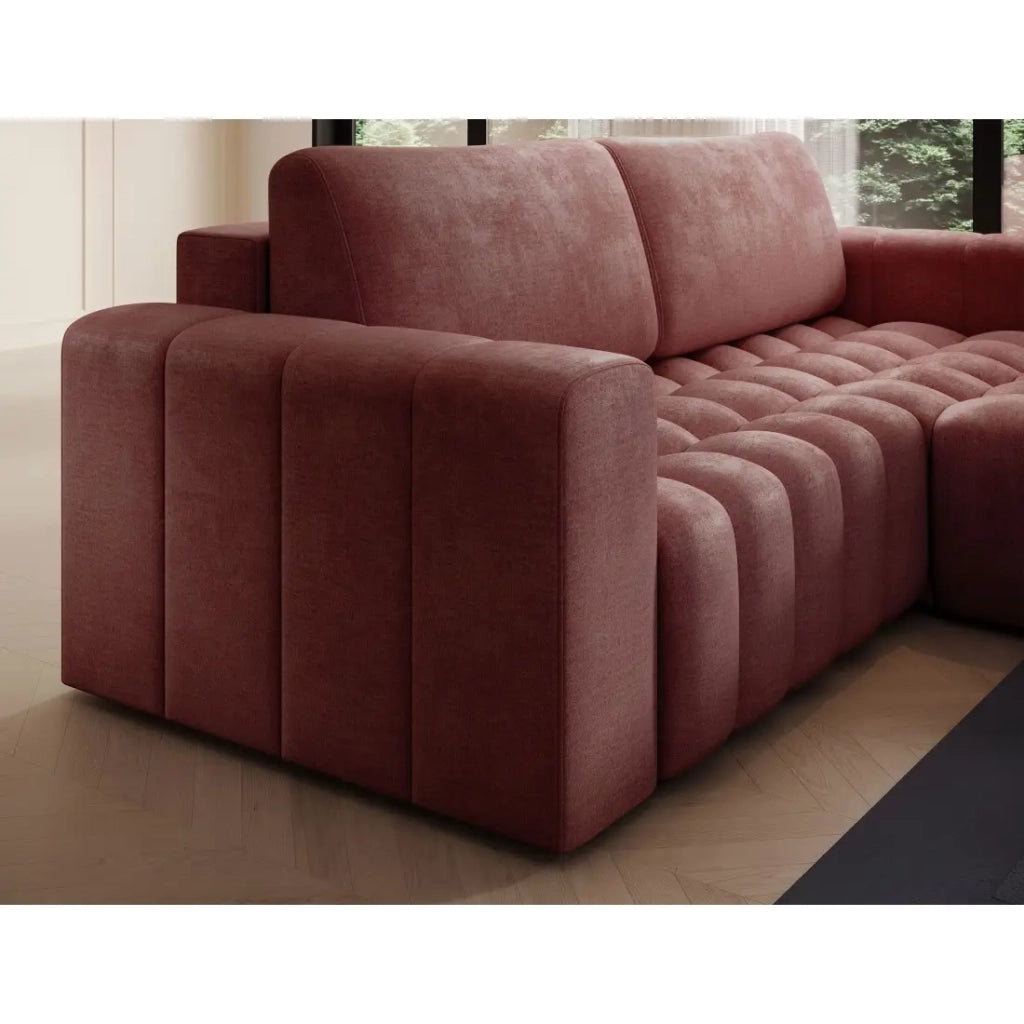Divano angolare trasformabile DORY rosa 250 cm con vano contenitore angolo destro