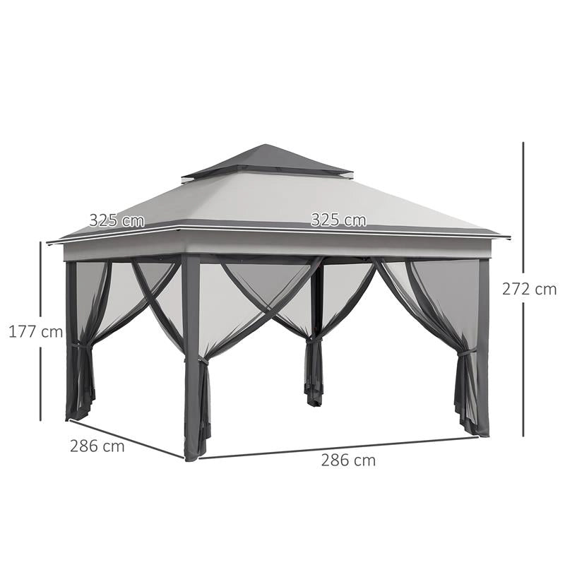 GAZEBO CON ZANZARIERE REGOLABILE SU 3 LIVELLI IN ACCIAIO E TESSUTO OXFORD 326X326X272 CM GRIGIO CHIARO E SCURO