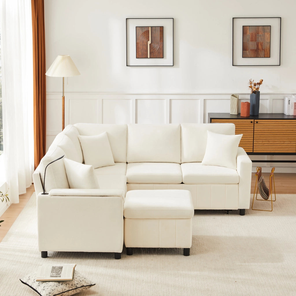 Divano angolare convertibile con funzione letto, tavolino ribaltabile, lampada, USB e Type-C, in Chenille, Beige