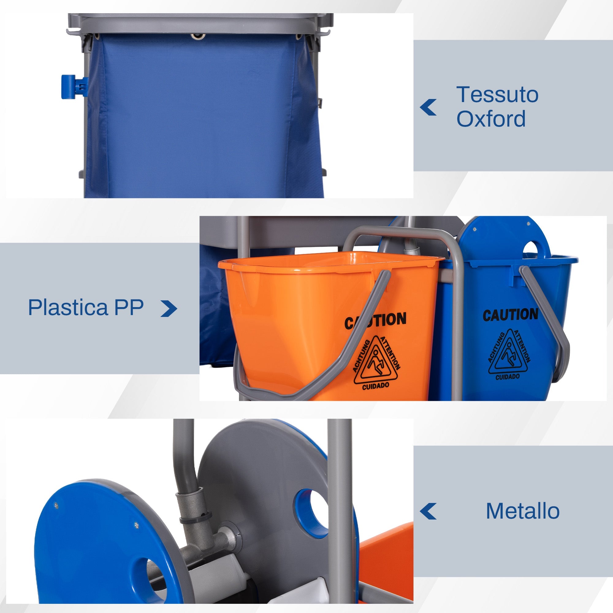 Carrello Pulizie Professionale 2 Secchi con Strizzatore e 3 Ripiani Grigio Blu e Arancione