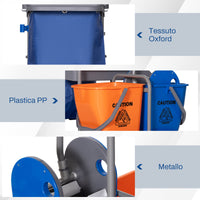 Carrello Pulizie Professionale 2 Secchi con Strizzatore e 3 Ripiani Grigio Blu e Arancione