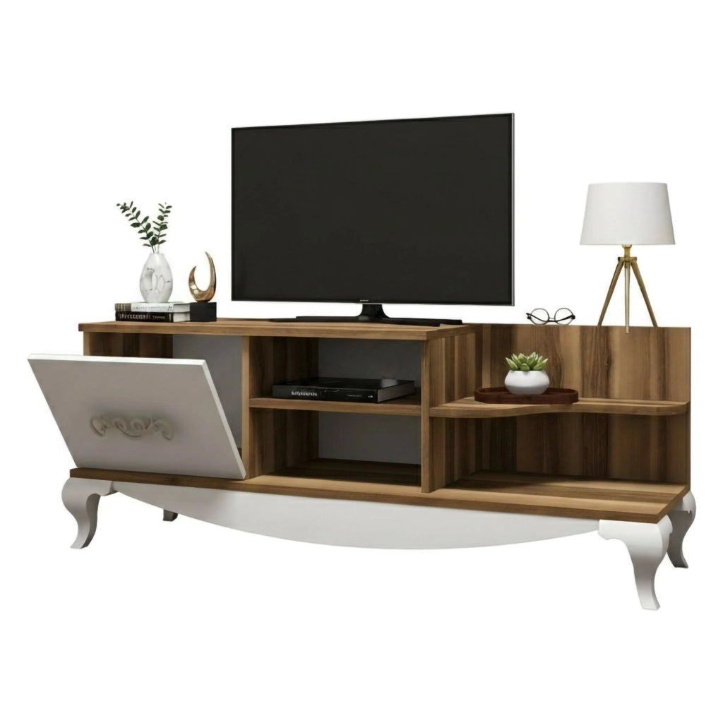 Mobile porta TV Assolo, Credenza da soggiorno, Armadio basso per TV, Base parete attrezzata, 130x45h51 cm, Noce e Bianco