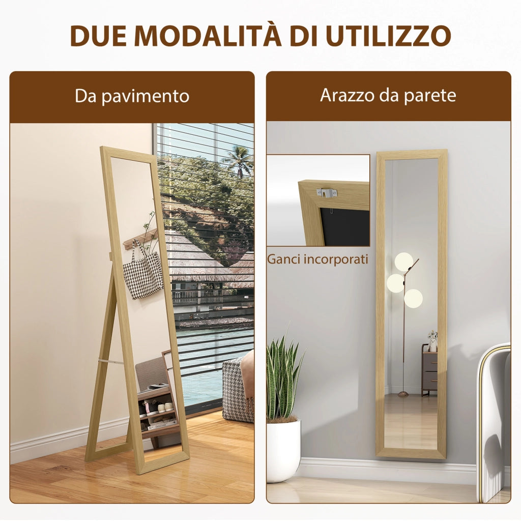 Specchio Verticale da Parete o da Terra con Cornice in MDF, 37x40x155 cm, Quercia e Trasparente