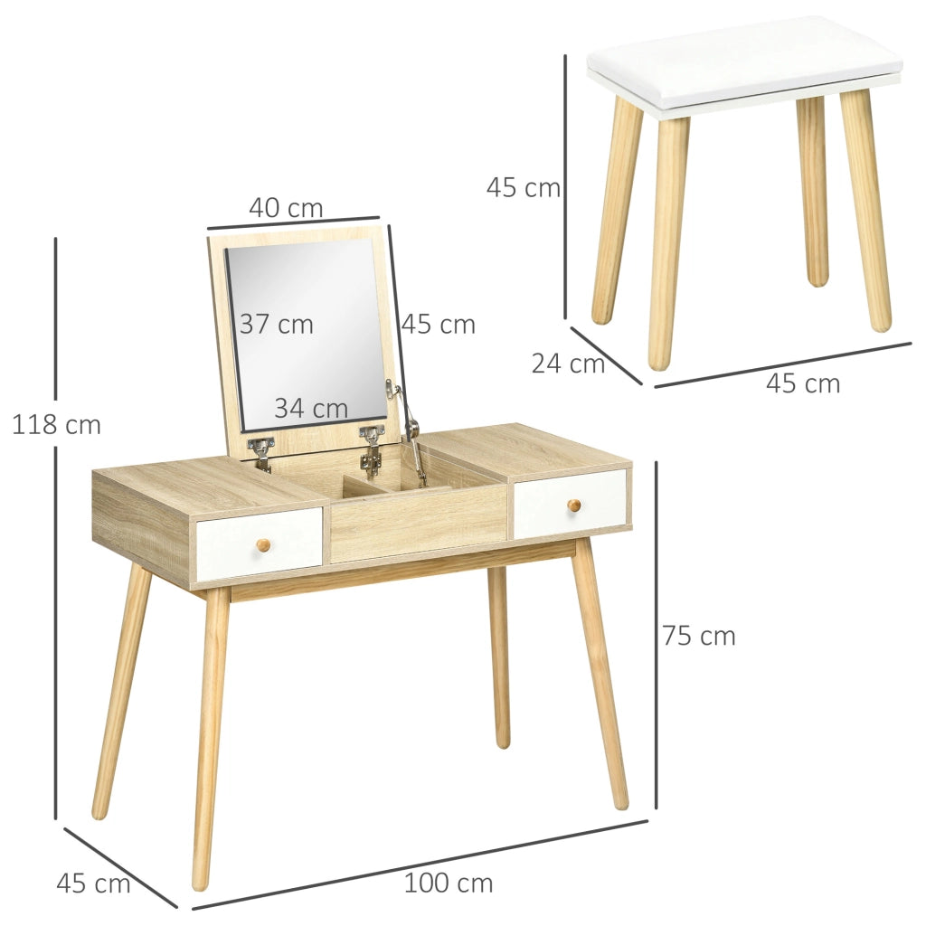Tocador con specchio abatibile e sgabello imbottito ¨C zephmum ¨C colore naturale 100x45x118 cm