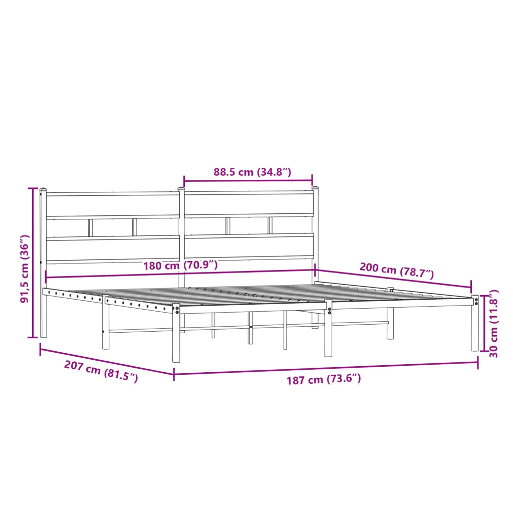 vidaXL Giroletto senza Materaso in Metallo Rovere Fumo 180x200 cm