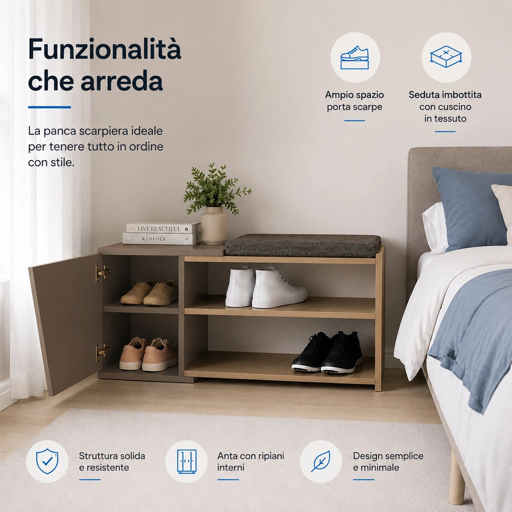 Panca Scarpiera Ingresso Casa 2 Ripiani Porta Scarpe con Anta e Cuscino Moka