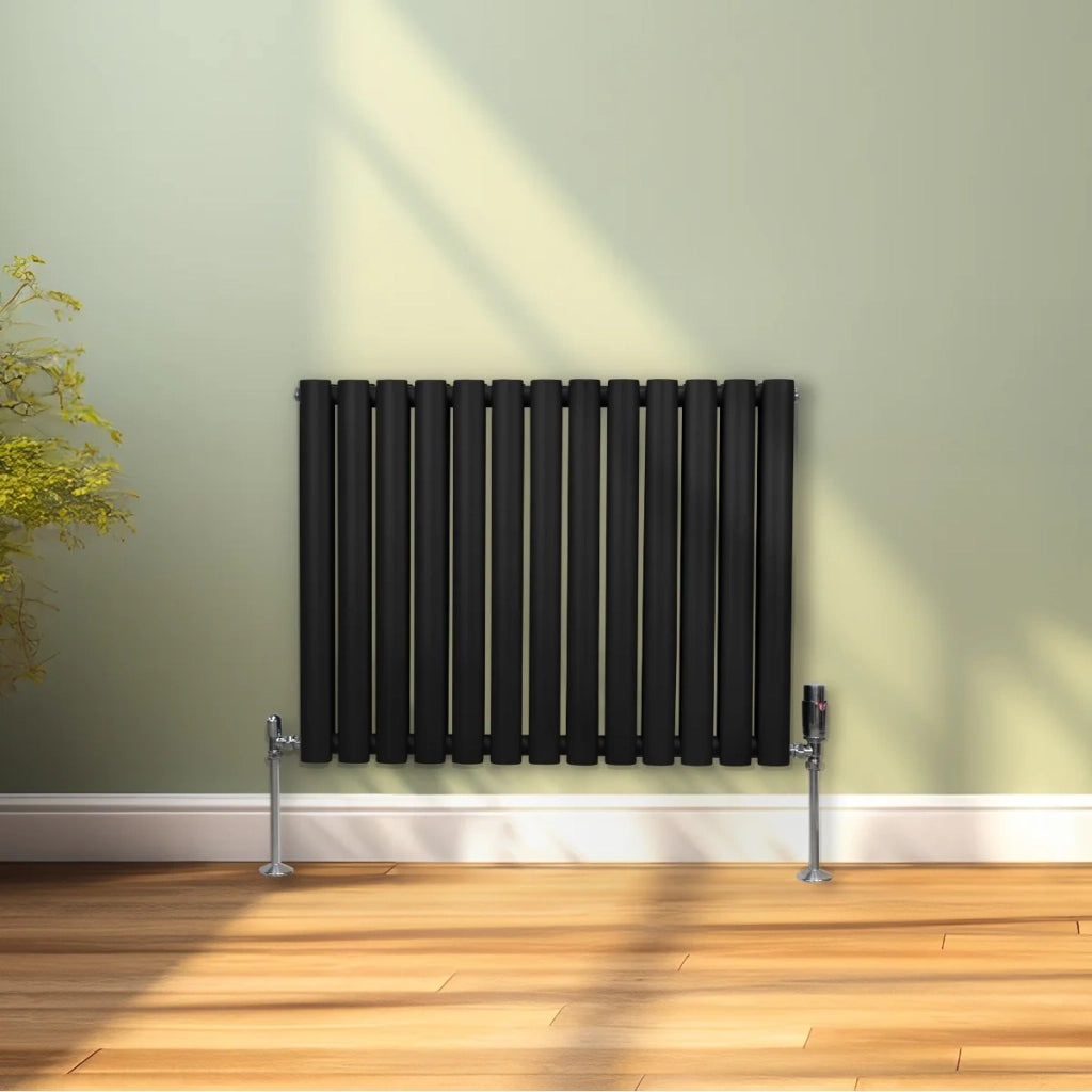 Radiatore a colonna ovale e valvole cromate TRV Designer nero 600 mm x 780mm