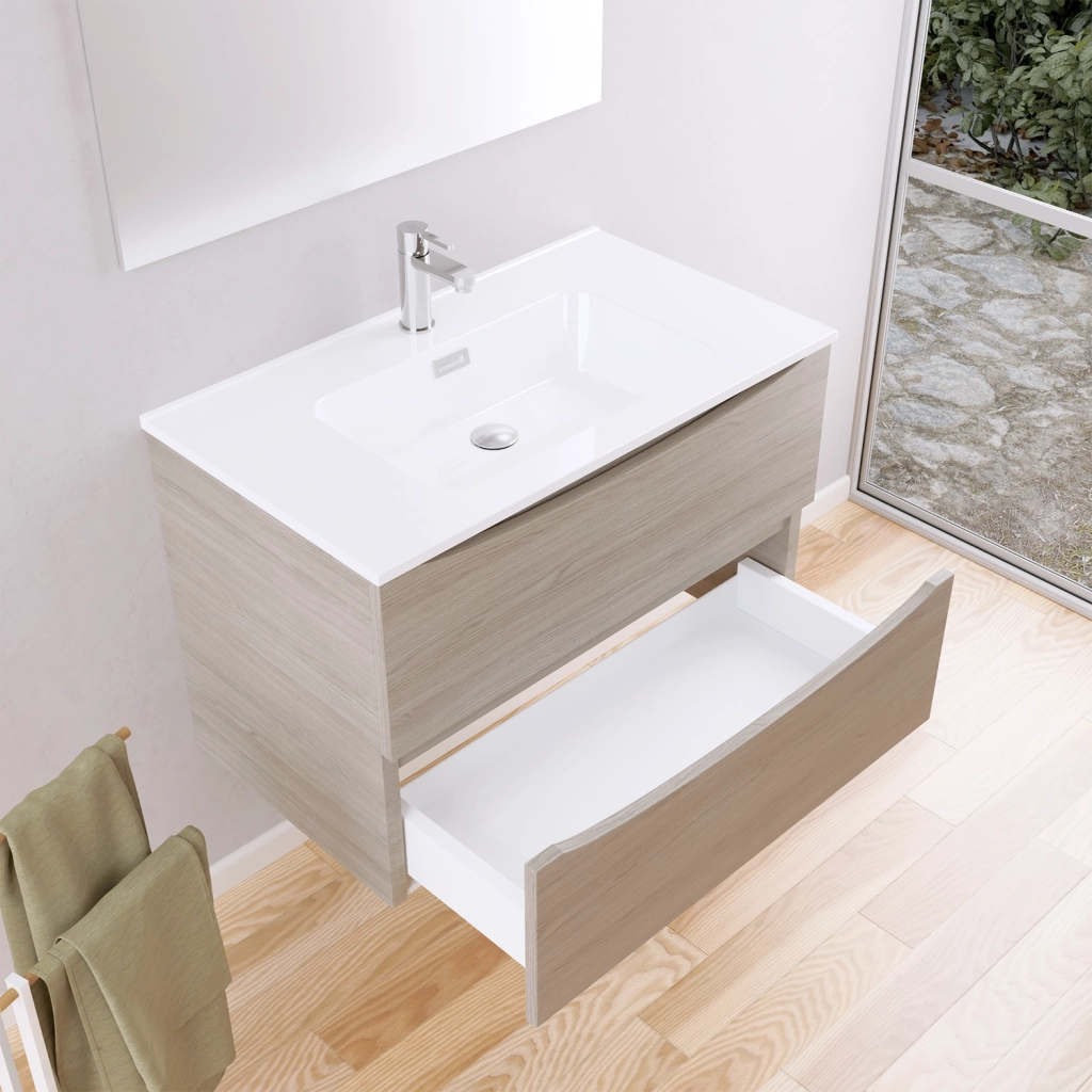 Mobile da bagno sospeso 80cm rovere chiaro con lavabo e specchio | Aspen