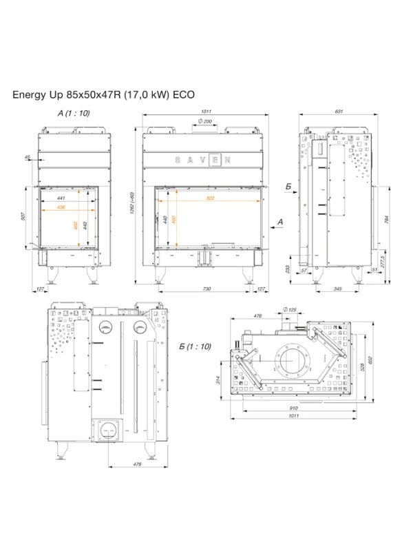 Caminetto ad angolo Nero Inserto Apertura destra Energy Up 85x50x47 (17,0 kW) ECO