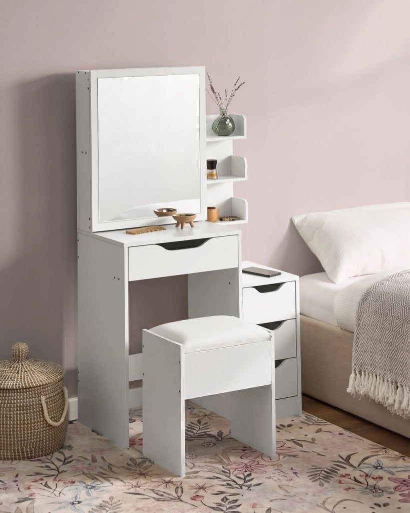 Toeletta in MDF bianco con specchio e sgabello 4 cassetti 3 ripiani scrivania da toeletta specchio per il trucco design minimalista
