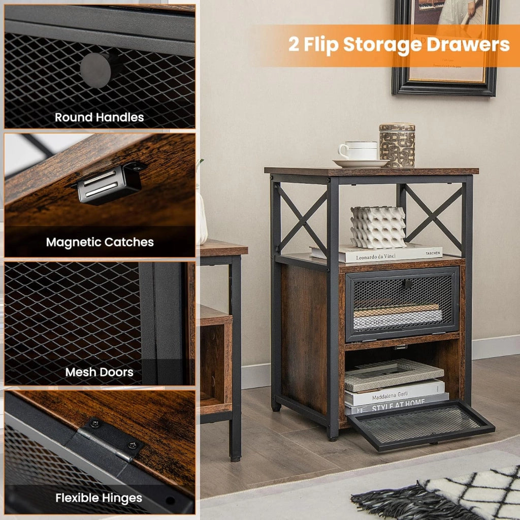 Set di 2 tavolini, comodino in legno con 2 cassetti pieghevoli e scaffali aperti, design salvaspazio, comodino industriale per camera da letto, soggiorno, 40 x 35 x 61 cm