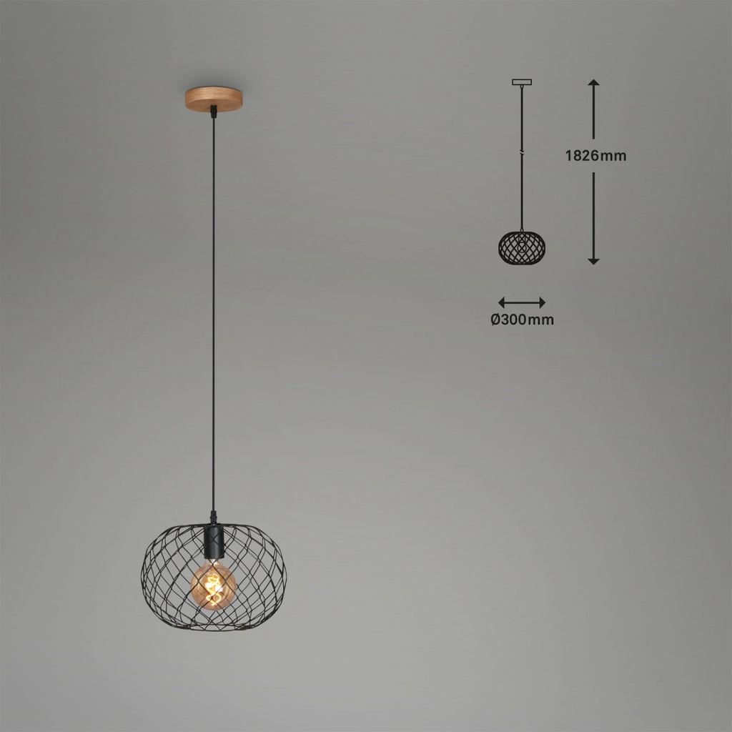 Lampada A Sospensione Vintage Winki Legno Marrone Metallo Nero 1 Luce E27 D.30