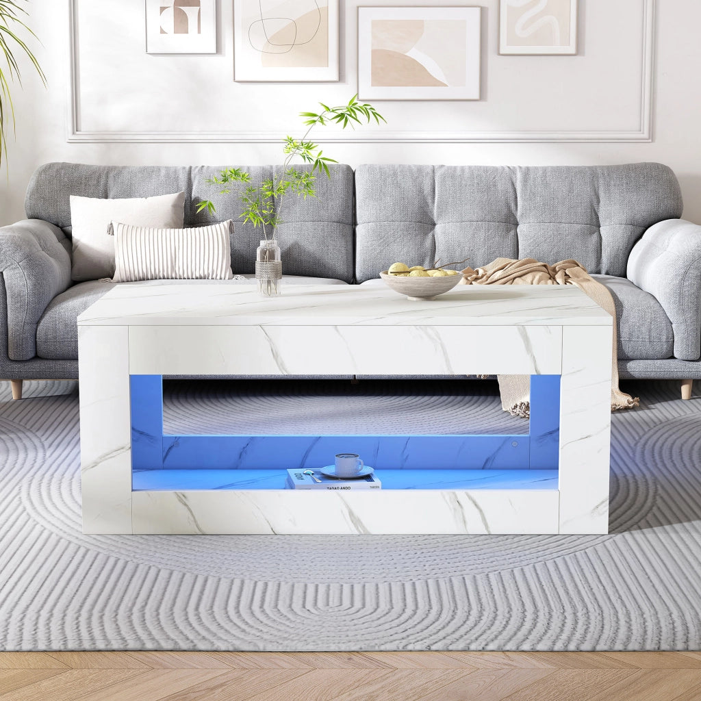 Tavolino da salotto LED con vano aperto; piano effetto marmo lucido; in truciolare; bianco; 100 × 50 × 50 cm