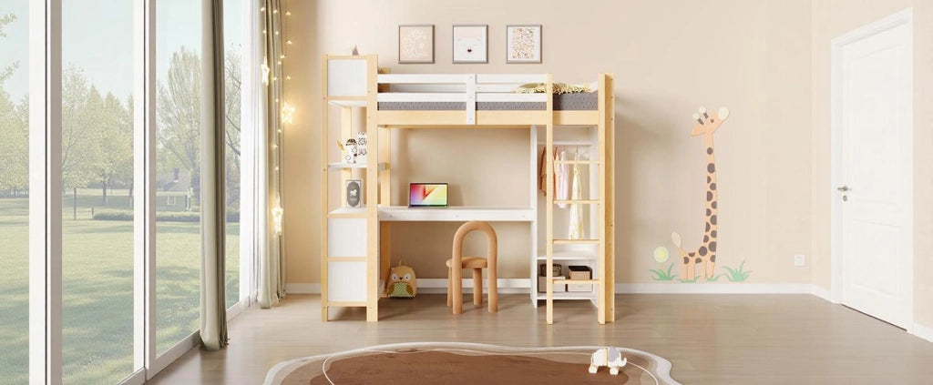 DESMIU Letto a soppalco 90 × 200 cm con scrivania, ripiani e armadio, senza materasso, per bambini da 6 anni, bianco naturale