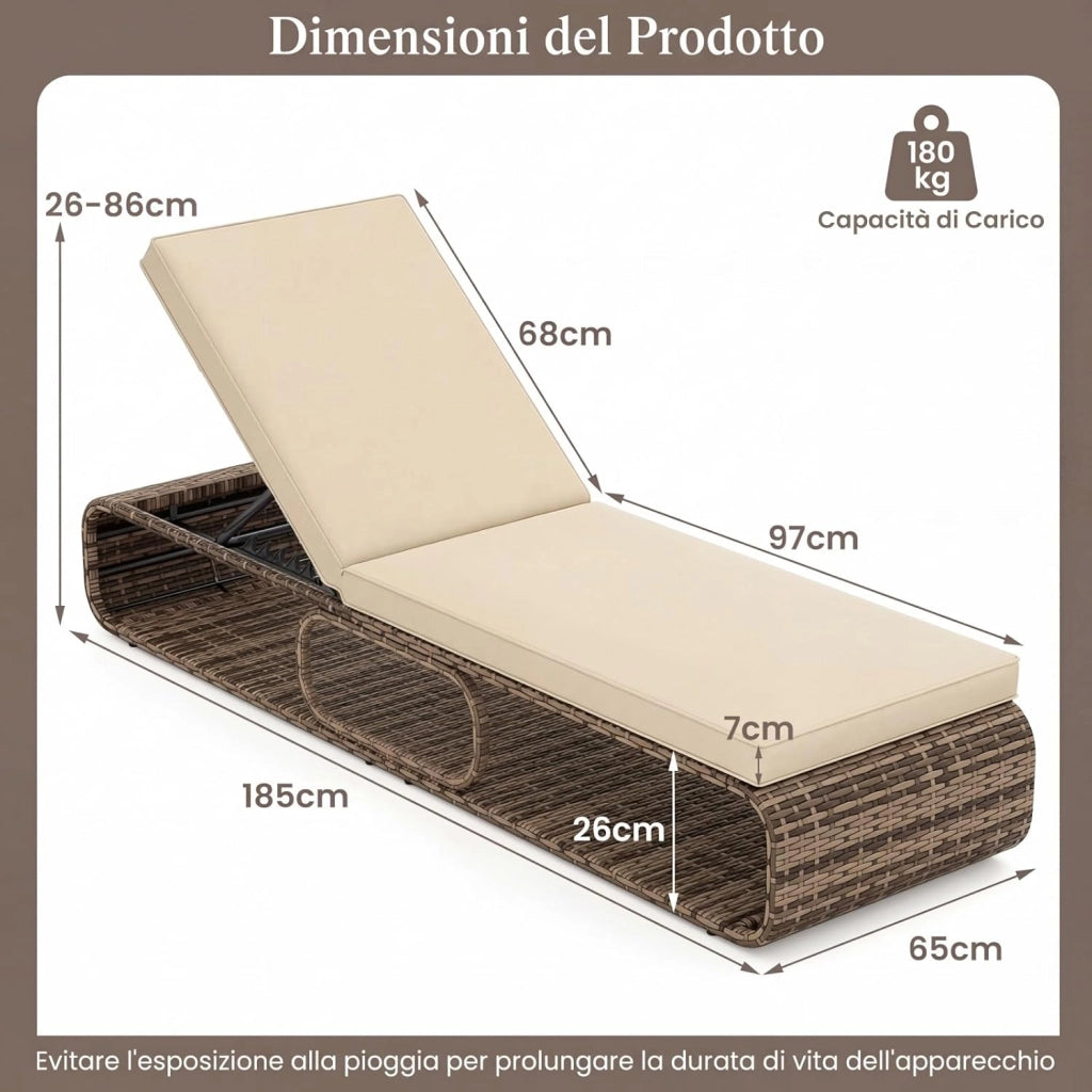 Sedia a Sdraio Imbottita in Rattan PE, Lettino Prendisole con Cuscino Morbido, Spazio di Stoccaggio e Schienale Regolabile a 7 Posizioni, Portata 180 kg, per Piscina e Giardino (2, Marrone)