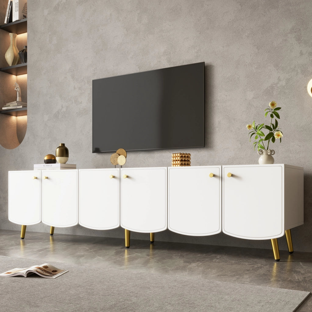 Mobile TV bianco e oro 180 cm con 6 ante e piedi in metallo