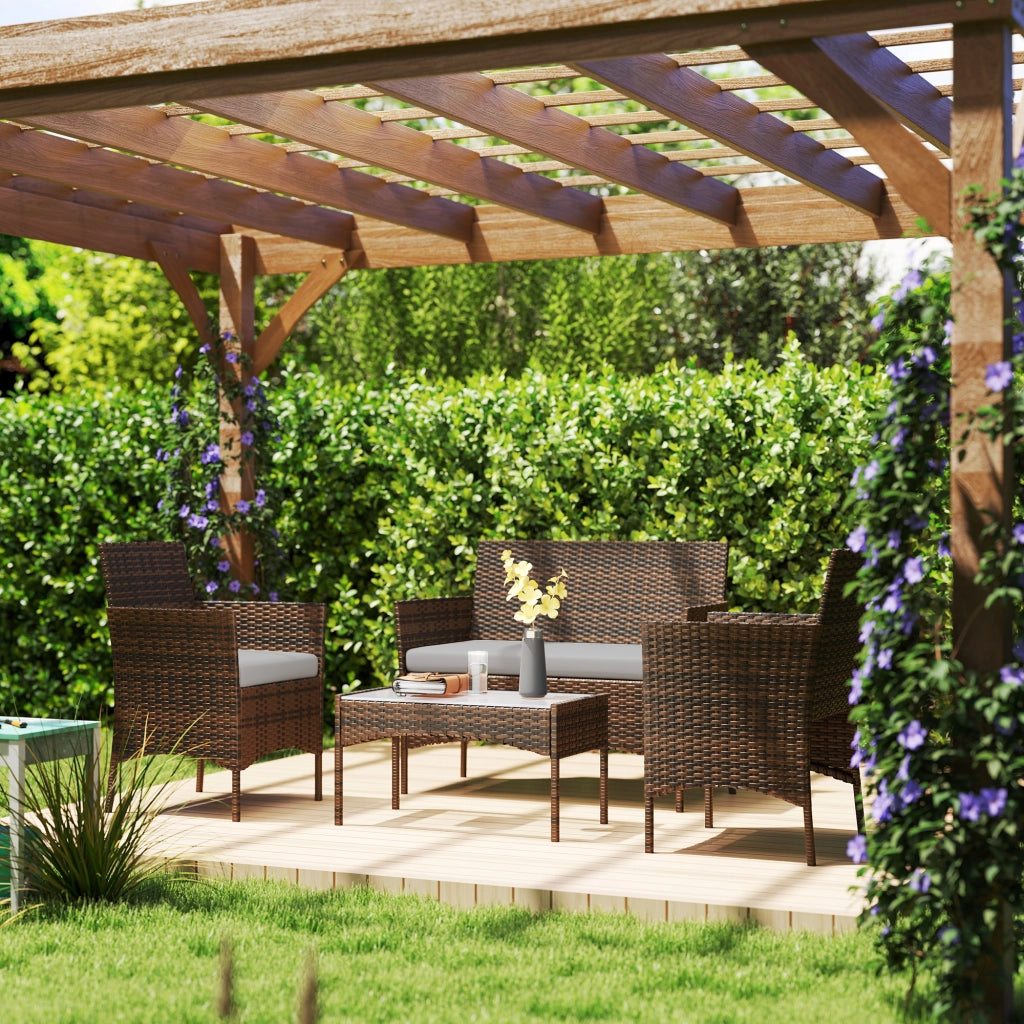 Set da Giardino con Divano 2 Posti 2 Sedie e Tavolino Basso in Rattan e Acciaio Grigio e Marrone