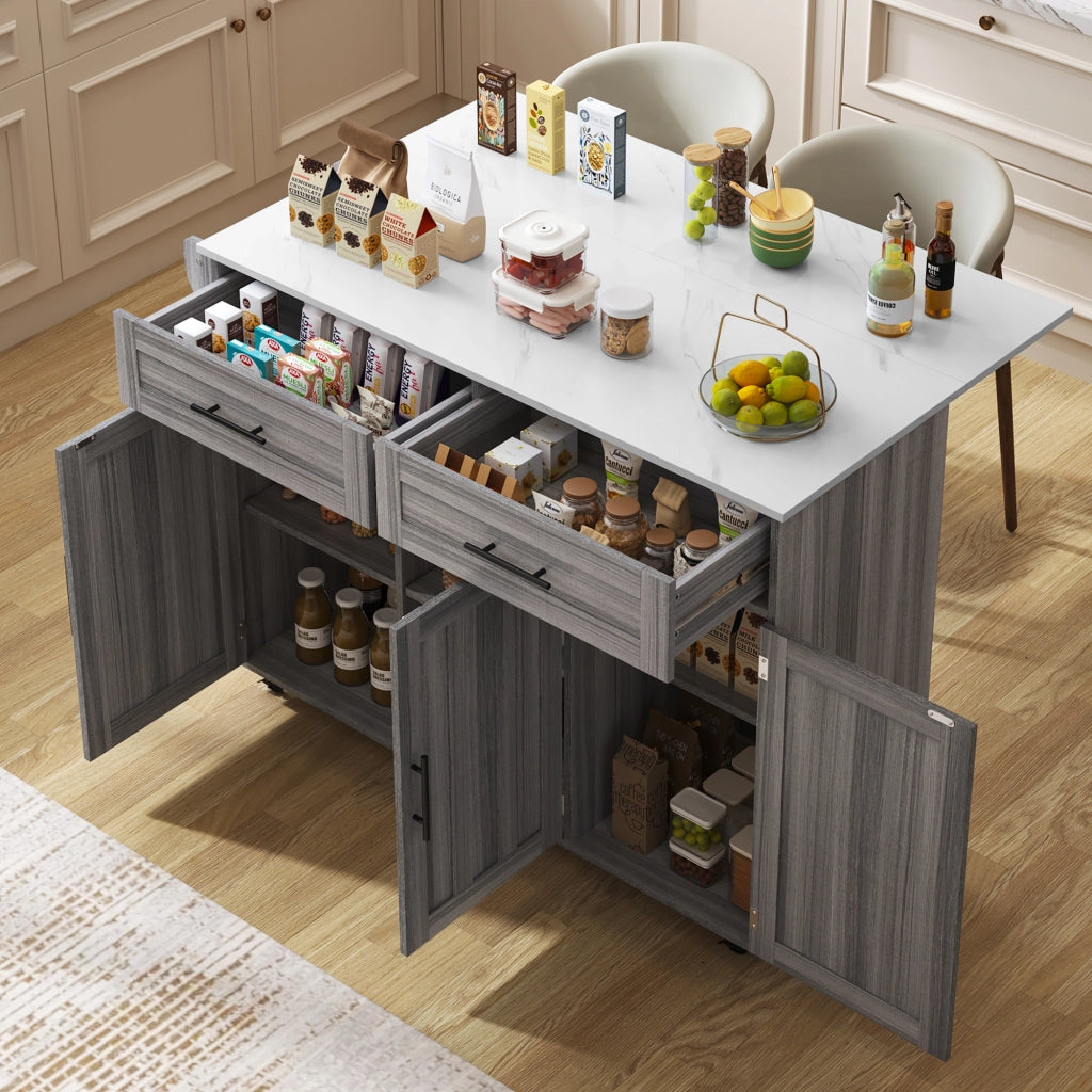 Carrello da Cucina con 2 Cassetti; 3 Vani; Piano Ribaltabile; Portaasciugamani e 5 Ruote; in MDF; 129x46x91;5 cm; Grigio e Bianco