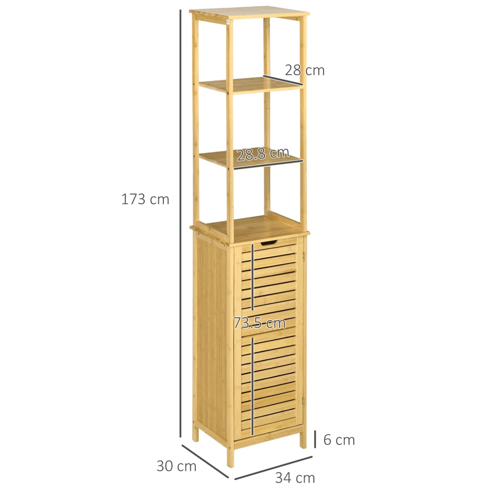 Mobile bagno alto in bambù 34 x 30 x 173 cm con 3 ripiani aperti e vano chiuso, antiribaltamento, naturale