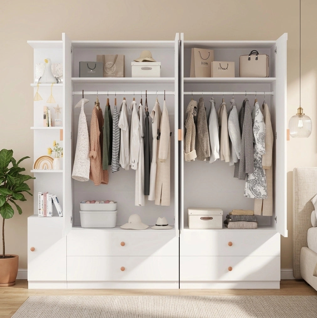 Armadio bianco con 3 aste appendiabiti e 4 cassetti; 225 x 45 x 200 cm