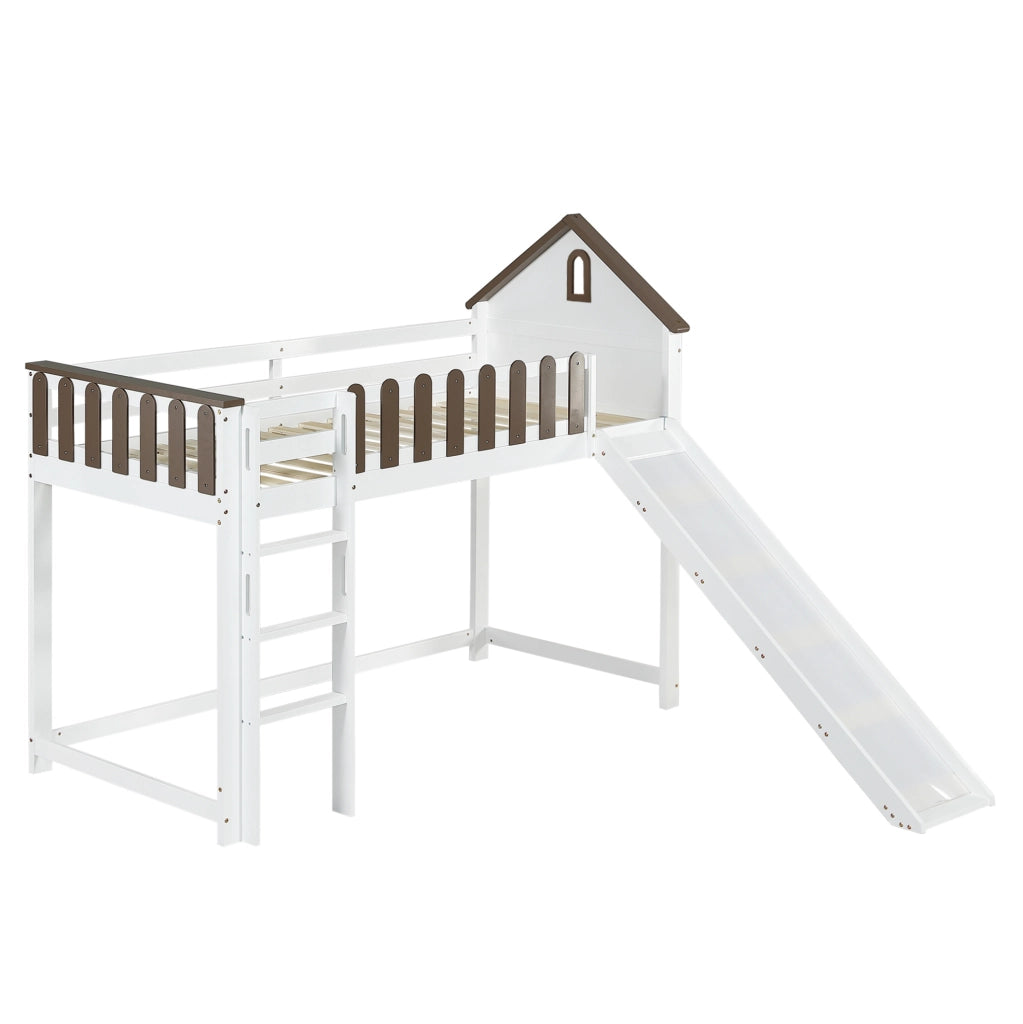 Letto a soppalco 90x200 cm con scivolo e scala dritta in legno e MDF bianco noce